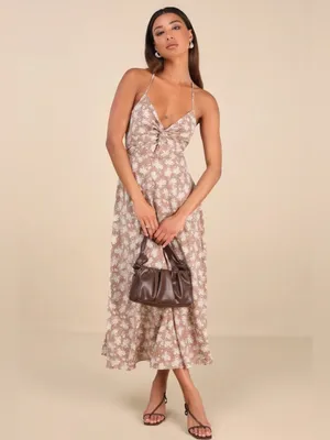 Lulus Picturesque Moments Brown Floral Print Strappy Maxi Dress xs thumbnail 8