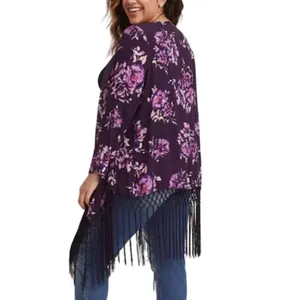 Torrid Floral Print Fringe Kimono in Purple, Size 1/1X​​​ thumbnail 2