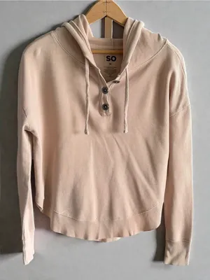 SO Womens Peach Waffle Knit Henley Hoodie Curved Hem Thermal Top‎ Medium thumbnail 1