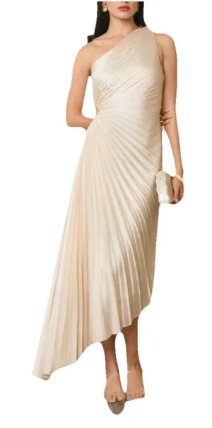 Dress Forum Olympia One Shoulder Pleated Asymmetric Maxi Dress Medium Ivory HOCO thumbnail 1