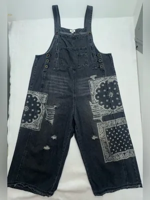 EASEL Lg Washed Black Denim Overalls Paisley Bandana Distressed Wide Leg thumbnail 2