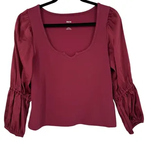 Anthropologie Maeve Ribbed Tiered Sleeve Mixed Media Top‎ Burgundy Size Small thumbnail 4
