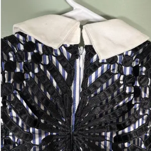 Self-Portrait Blue White Striped Lace Overlay‎ Collared Mini Dress Belted size 0 thumbnail 9