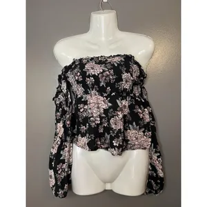 American Eagle Outfitters Blouse Womens Small Black Floral Off Shoulder Smocked thumbnail 2