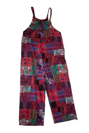 Multicolor Patchwork cropped overalls size XL paisley art funky hippie thumbnail 2
