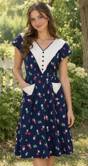 vintage 70s blue novelty print dress white V-shaped collar, buttons heart motifs thumbnail 1