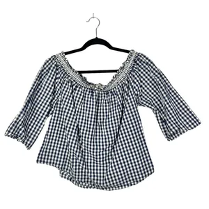 Madewell Smocked Blue & White Gingham Plaid Off The Shoulder Long Sleeve‎ L thumbnail 2