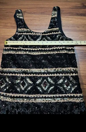 FREE PEOPLE Women’s M Geometric Print Sequin Shift Dress Black Tan Gold size XS thumbnail 3