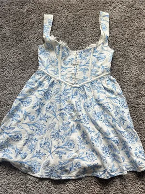 For Love & Lemons White and Blue Maisie Linen Floral Brocade Corset Mini Dress thumbnail 2