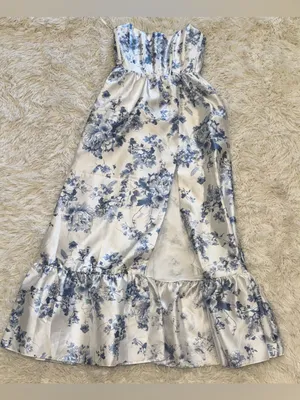 NEW Dessy Collection Floral Strapless Bustier Bodice Satin cottage rose Gown Sz thumbnail 4