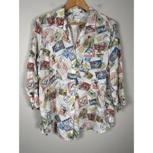 Chicos‎ Women's Linen Postage Stamp 3/4 Sleeve Button-up Top Sz L (2) Travel thumbnail 2