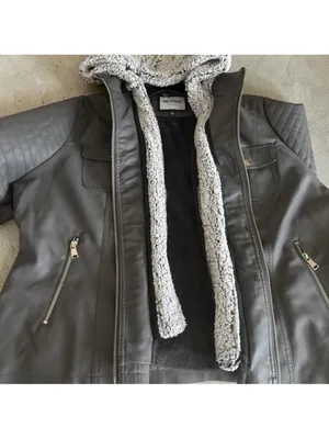 Novish Womens Gray Faux Leather Jacket with Sherpa Hood thumbnail 2