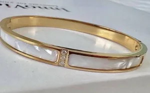 Gold Plated bangle Bracelet Mother Of Pearl Crystals stainless steel jewelry thumbnail 1