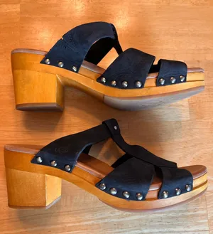 UGG Black Suede Studded Wood Block Heel Sandals thumbnail 1