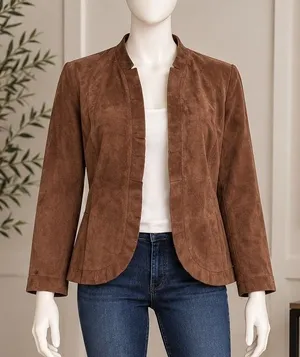 Jones New York Womens Jacket Brown Suede Leather Open Front Small thumbnail 1