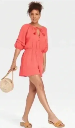 Knox Rose Peach Gauze Puff Sleeve Short Romper // Size XXL thumbnail 1