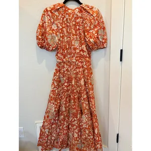 Ulla Johnson Olina Dress Orange White Floral Puff Sleeve Tiered Midi Dress Sz 2 thumbnail 5