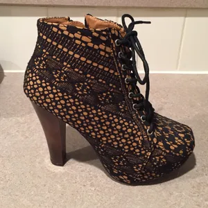 Qupid Black and Tan Lace Festival Boho High Heeled Booties 7 thumbnail 1