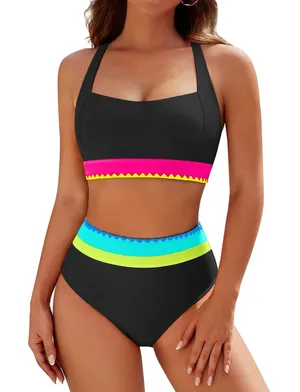 NWT Blooming Jelly High Waisted Bikini Set Tummy Control Neon Color Block Large thumbnail 1