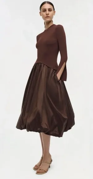 SIMKHAI Kenlie Ribbed Knit Bodice Taffeta Bubble Dress Brown Size Large NWOT thumbnail 1