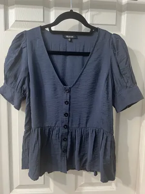 Madewell Slate Blue V-Neck Button Peplum Blouse thumbnail 1