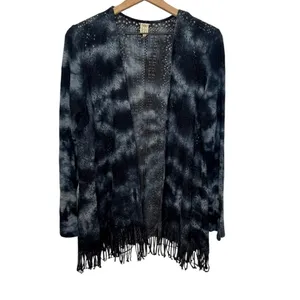 XCVI Women's L Cotton Fringe Open Crochet Knit Cardigan Sweater Bleached Tie Dye thumbnail 2