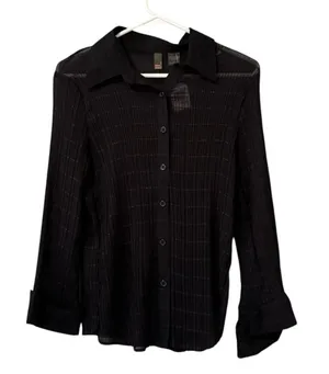 Serenade Women Size Large Button Down Shirt Crinkle Stretch Black Office Chic thumbnail 1