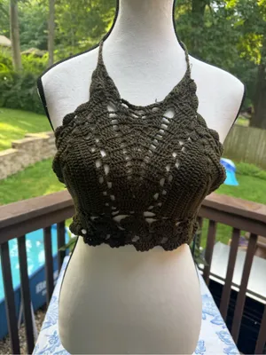 Unbranded Women's Crochet Halter Olive Green Top Cropped Adjustable Strap Size S thumbnail 2