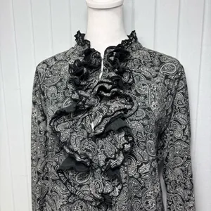 Ralph Lauren Black White Paisley‎ Ruffle Front Long Sleeve Cotton Blouse Size XL thumbnail 3