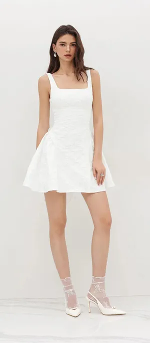 NWT Cider White Jacquard U-neckline Floral Backless Bowknot Mini Dress 6 thumbnail 1