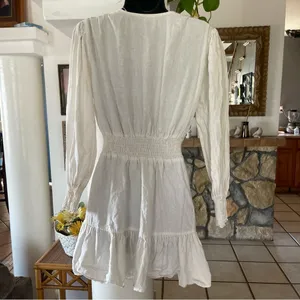 Zara linen blend dress long sleeve white ivory size M smocked ruffle thumbnail 4