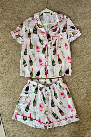 Champagne Bottle Print Silk Pajama Set White thumbnail 1