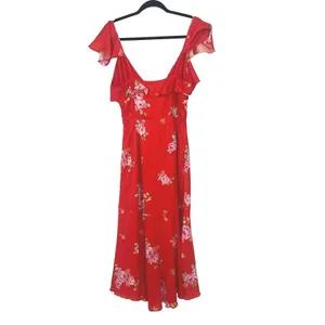 Altar'd State Wrap Dress Hi Lo Ruffle Orange Red Floral Medium Romantic Garden thumbnail 3