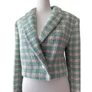 Zara Sea Green, Lavender & White Textured Cropped Single Breasted Blazer thumbnail 3