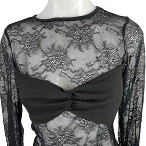Women's Black Floral Lace Long Sleeve Sheer See Trough Crop BlouseTop Size S thumbnail 3
