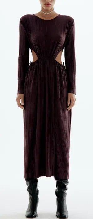 Zara Plum Pleated Cutout Waist Maxi Dress Size Small thumbnail 1