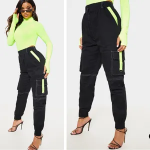 Black Contrast Stitch Neon Trim Cuffed Cargo Pants J thumbnail 2