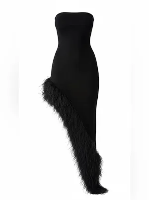 NBD Aubrey Asymmetrical Faux Fur Trim Strapless Dress, Black, XS thumbnail 2