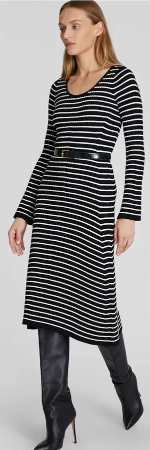 Club Monaco Black And White Striped Ribbed Midi Sweater Dress With Bell Sleeves thumbnail 1