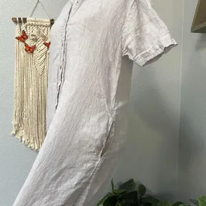 C&C California Light Grey Purple Button Up Dress Short Sleeve Linen Pockets thumbnail 3