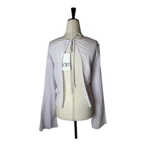 Zara Shirt Women‎ XS Purple Lilac Sheer Raw Seam Detail Tie Neck Open Back Top thumbnail 2
