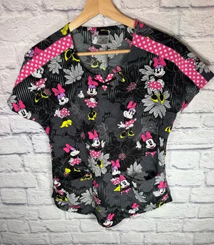 Disney Minnie Mouse Scrub Top‎ Womens size XS black & pink color thumbnail 1