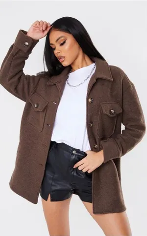 NWT PrettyLittleThing Brown Brushed Longline Button Up Shirt Shacket 12 thumbnail 1