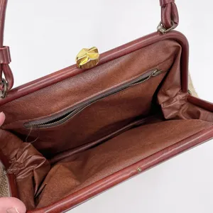 Vintage 50s 60s Top Handle Satchel Bag Red Leather Tweed Purse Midcentury Modern thumbnail 5