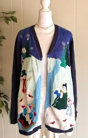 The Quacker Factory Ugly Christmas Sweater Snowmen Cardigan Women's Size Large thumbnail 1