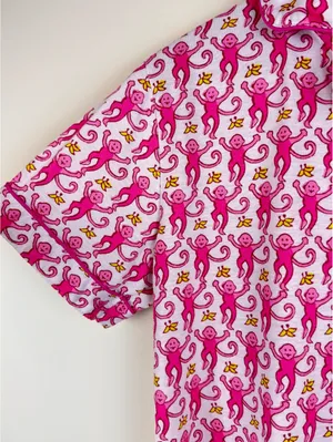 Pink Monkey Print Pajama Set Short Sleeve Top & Shorts Size L thumbnail 4