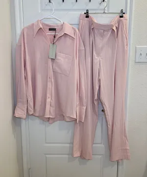 NWT Mint Velvet Pink Pinstripe 2 Piece Shirt Pants Set XL thumbnail 1