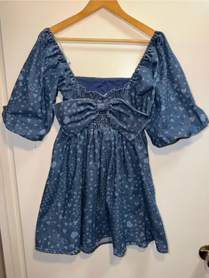 Avec Les Filles Heart Print Denim Mini Dress Bow Back Puff Sleeve XS $149 thumbnail 4