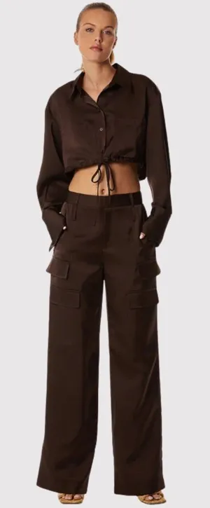 The Noli Shop Womens Pants Brown Milan Satin Cargo Relaxed Full Length Trouser 8 thumbnail 1