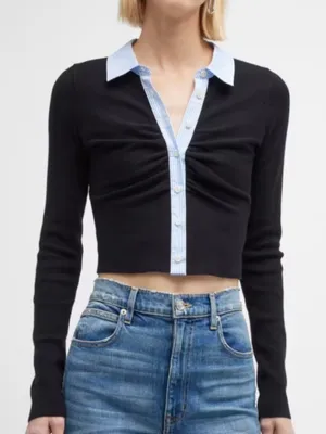 🌟 Naadam 🌟 Mixed Media Collared Sweater Cardigan Cotton Cashmere Black Sz S thumbnail 1
